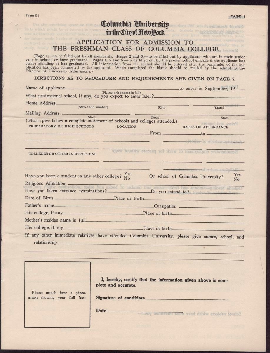 1932 Columbia College Application