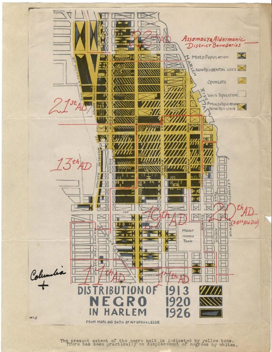 Map titled "Distribution of Negro in Harlem 1913, 1920, 1926" from Maps and Data of NY Urban League